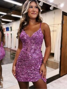 NWT Berlinnova Purple Sparkle Spaghetti Strap Prom Homecoming Mini Dress size 2